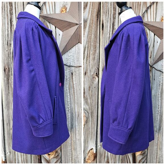 VTG Purple Pea Coat Wool Blend Double Breast Jacket Pockets Vintage USA Size 16 - Picture 2 of 12